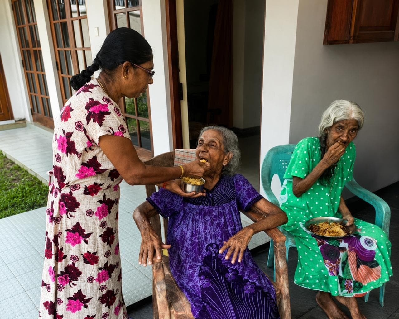 A caregiver sharing a meal with Agham residents